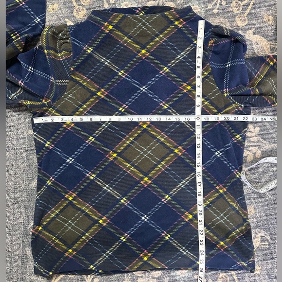 Talbots mock neck puff sleeve blue yellow plaid fleece top - Picture 5 of 5